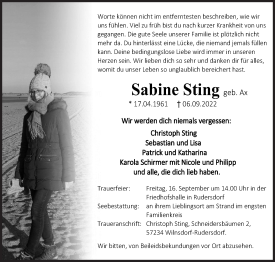 Traueranzeige von Sabine Sting von Siegener Zeitung