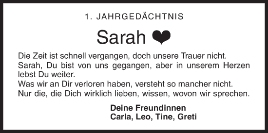 Traueranzeige von Sarah  von Siegener Zeitung