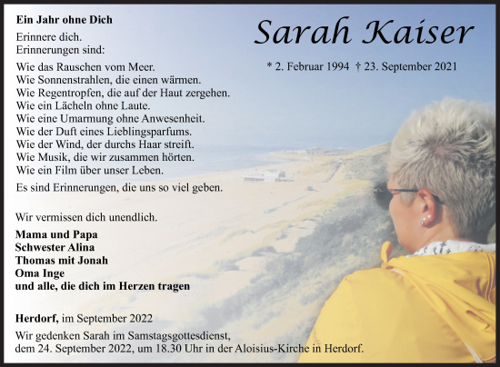 Traueranzeige von Sarah Xaiser von Siegener Zeitung