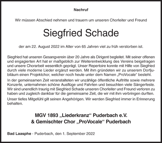 Traueranzeige von Siegfried Schade von Siegener Zeitung