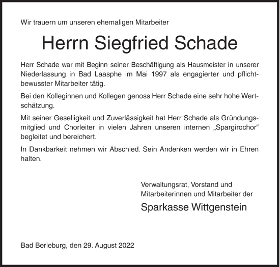 Traueranzeige von Siegfried Schade von Siegener Zeitung