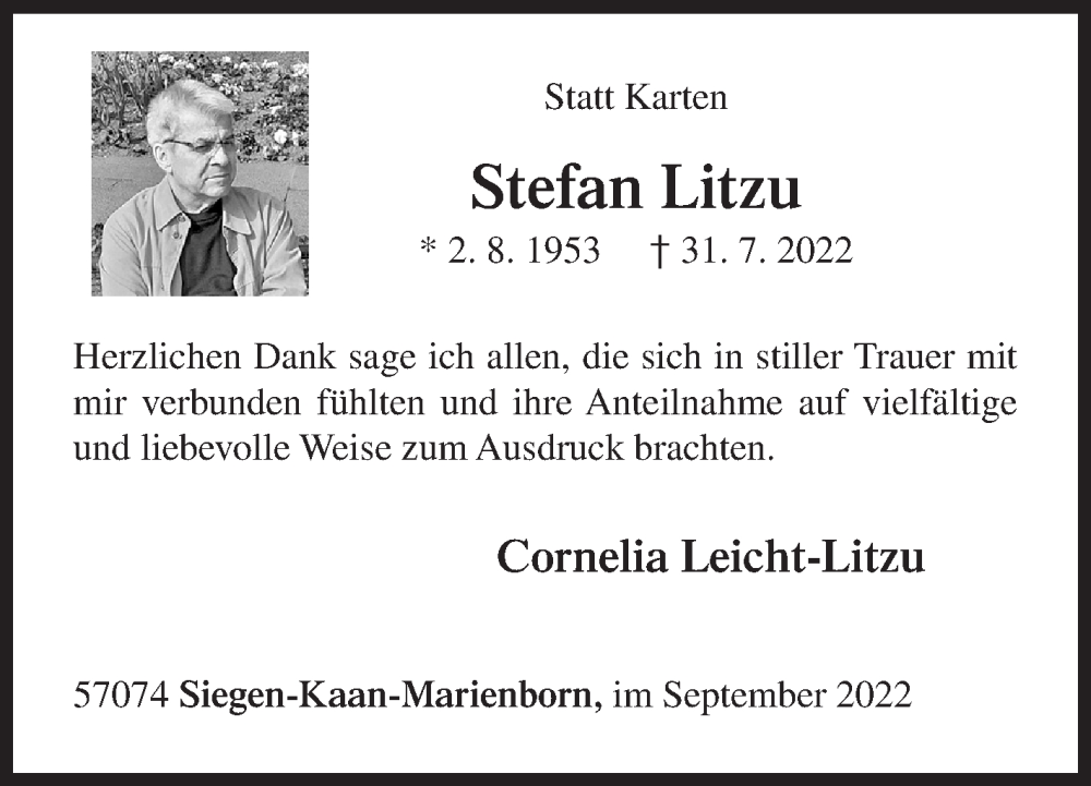  Traueranzeige für Stefan Litzu vom 02.09.2022 aus Siegener Zeitung