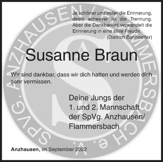 Traueranzeige von Susanne Braun von Siegener Zeitung