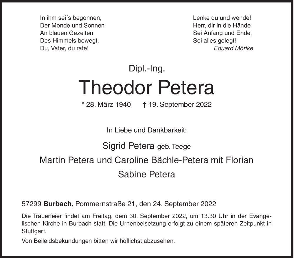  Traueranzeige für Theodor Petera vom 24.09.2022 aus Siegener Zeitung