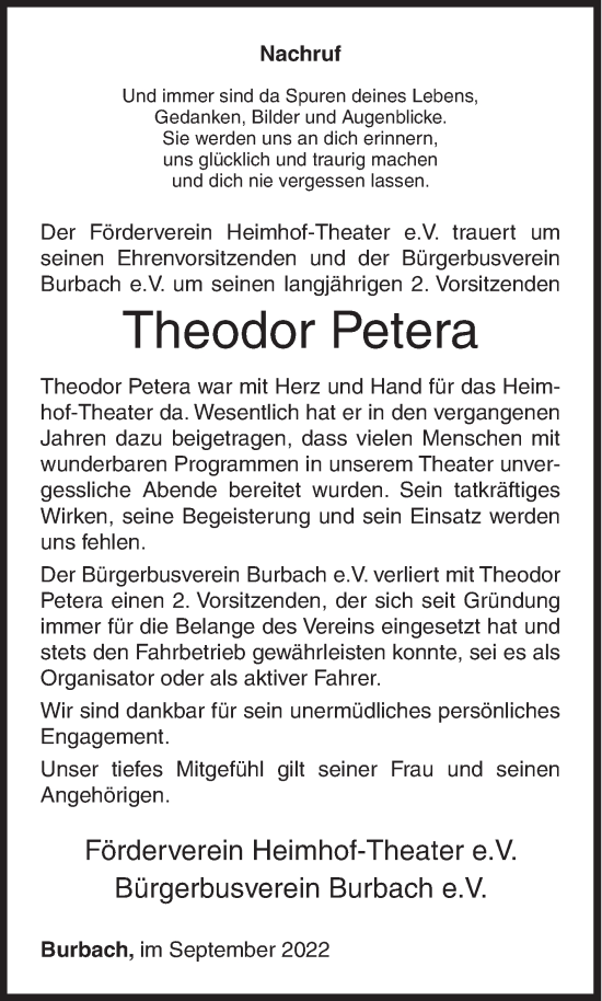 Traueranzeige von Theodor Petera von Siegener Zeitung