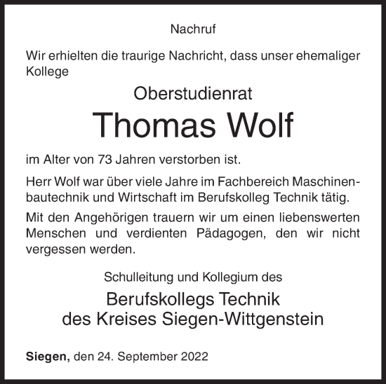 Traueranzeige von Thomas Wolf von Siegener Zeitung