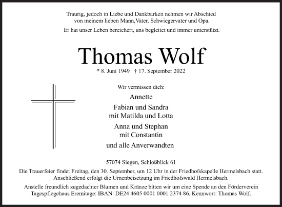 Traueranzeige von Thomas Wolf von Siegener Zeitung