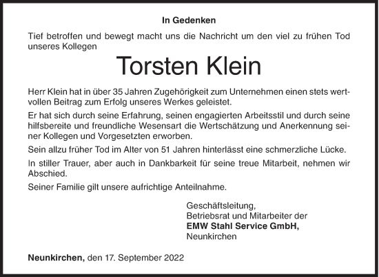 Traueranzeige von Torsten Klein von Siegener Zeitung