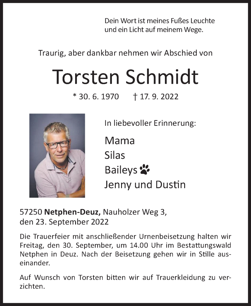  Traueranzeige für Torsten Schmidt vom 23.09.2022 aus Siegener Zeitung