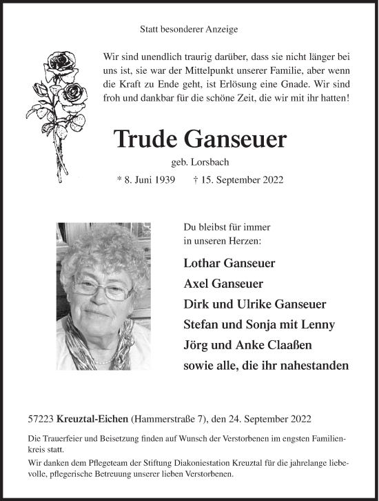 Traueranzeige von Trude Ganseuer von Siegener Zeitung
