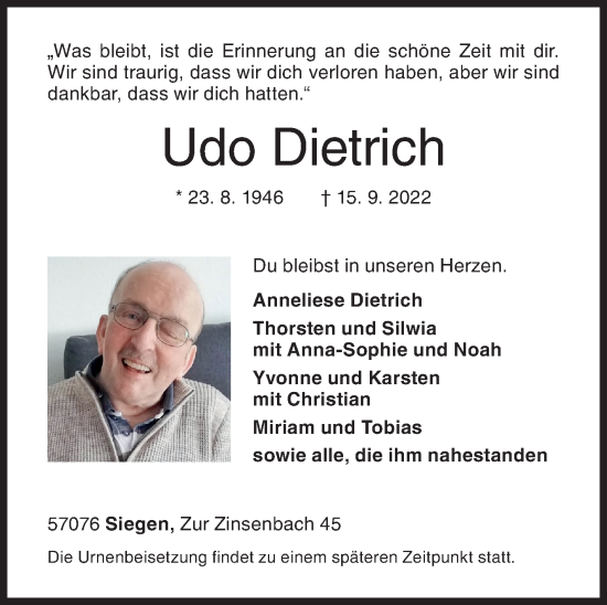 Traueranzeige von Udo Dietrich von Siegener Zeitung