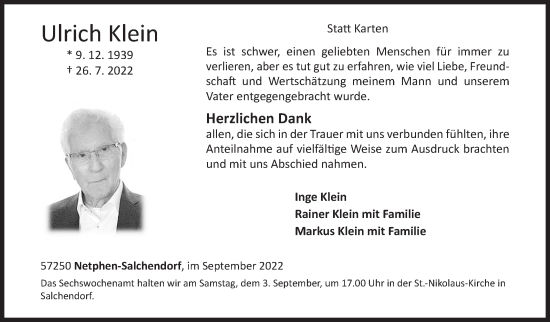 Traueranzeige von Ulrich  Klein von Siegener Zeitung
