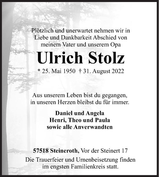 Traueranzeige von Ulrich Stolz von Siegener Zeitung