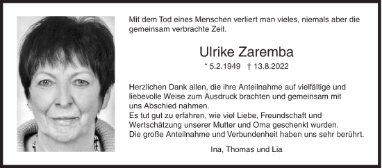 Traueranzeige von Ulrike Zaremba von Siegener Zeitung