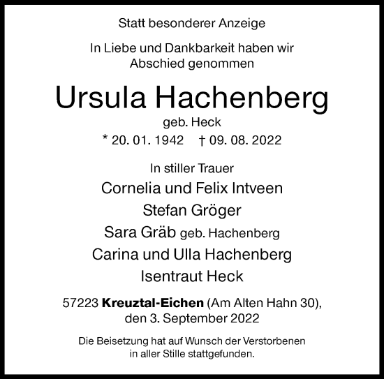 Traueranzeige von Ursula Hachenberg von Siegener Zeitung