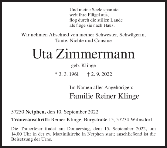 Traueranzeige von Uta Zimmermann von Siegener Zeitung