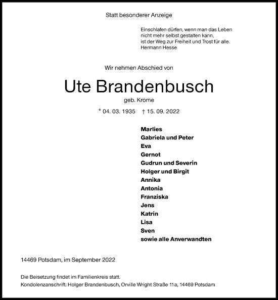 Traueranzeige von Ute Brandenbusch von Siegener Zeitung
