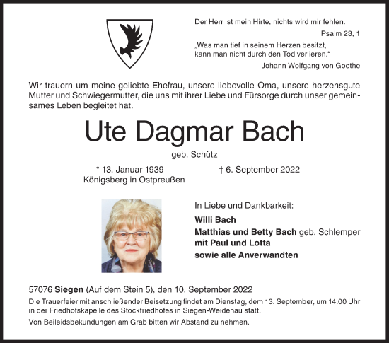 Traueranzeige von Ute Dagmar Bach von Siegener Zeitung