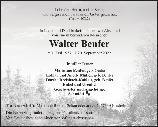 Traueranzeige von Walter Benfer von Siegener Zeitung