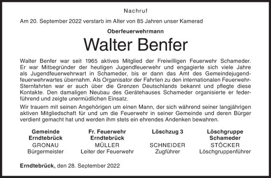 Traueranzeige von Walter Benfer von Siegener Zeitung