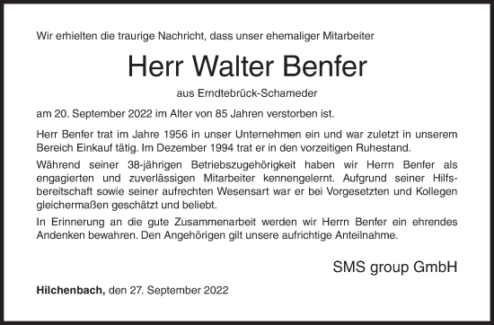 Traueranzeige von Walter Benfer von Siegener Zeitung