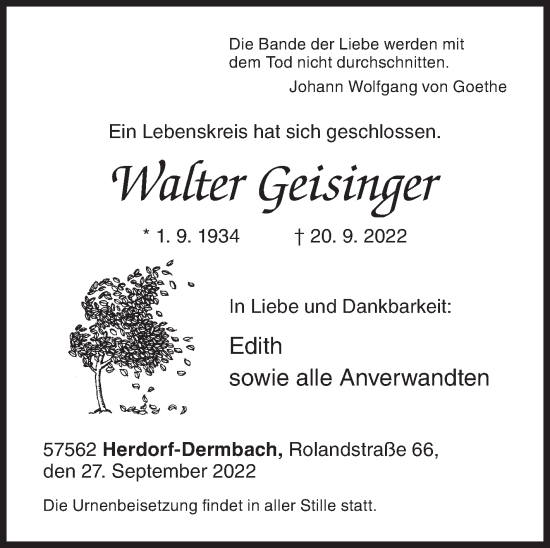 Traueranzeige von Walter  Geisinger von Siegener Zeitung