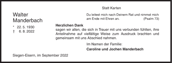 Traueranzeige von Walter Manderbach von Siegener Zeitung