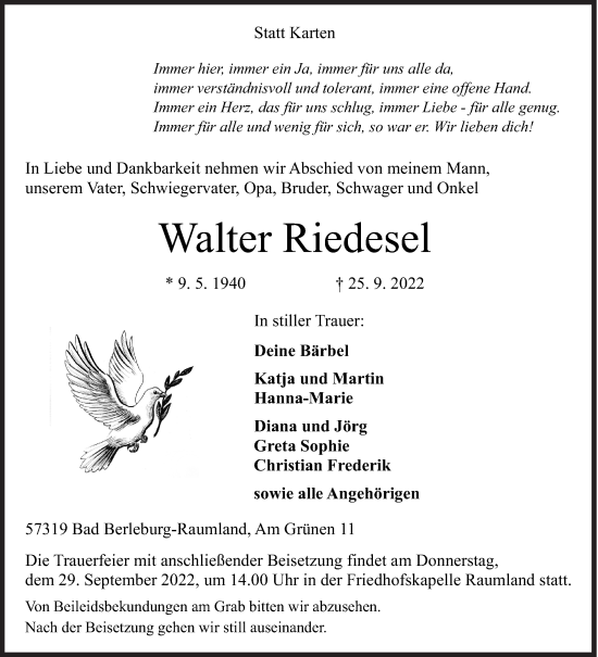 Traueranzeige von Walter Riedesel von Siegener Zeitung