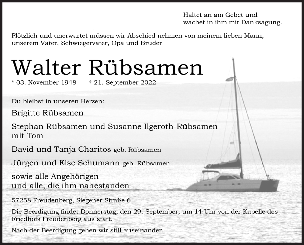  Traueranzeige für Walter Rübsamen vom 23.09.2022 aus Siegener Zeitung