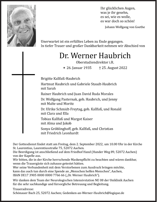 Traueranzeige von Werner Haubrich von Siegener Zeitung