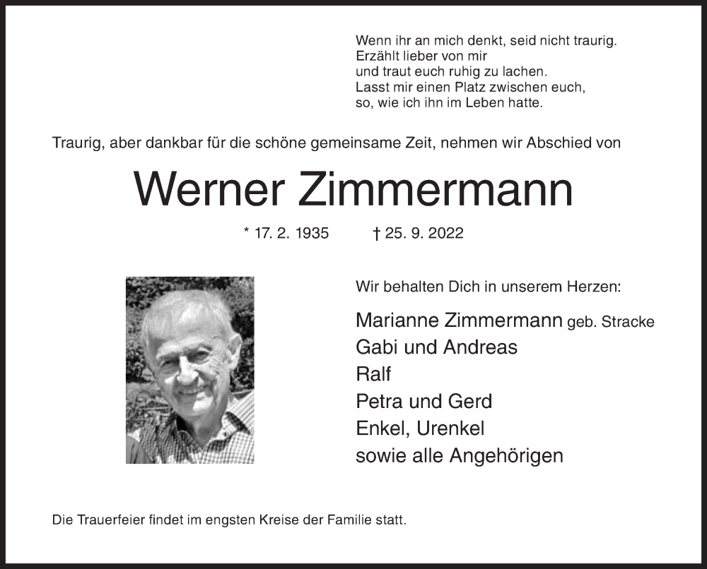  Traueranzeige für Werner Zimmermann vom 28.09.2022 aus Siegener Zeitung