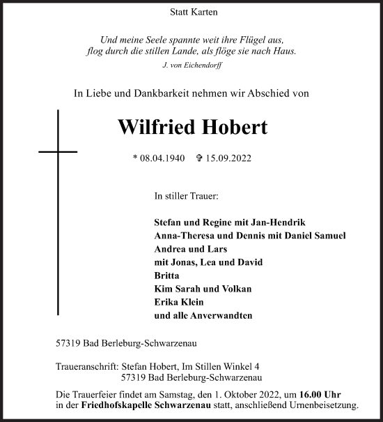 Traueranzeige von Wilfried Hobert von Siegener Zeitung