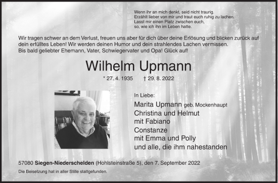 Traueranzeige von Wilhelm Upmann von Siegener Zeitung