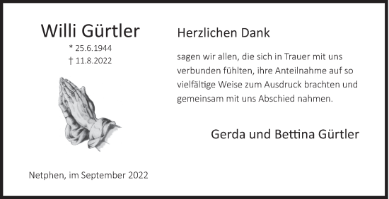 Traueranzeige von Willi Gürtler von Siegener Zeitung