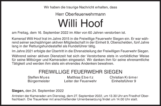 Traueranzeige von Willi Hoof von Siegener Zeitung