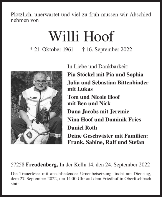 Traueranzeige von Willi Hoof von Siegener Zeitung