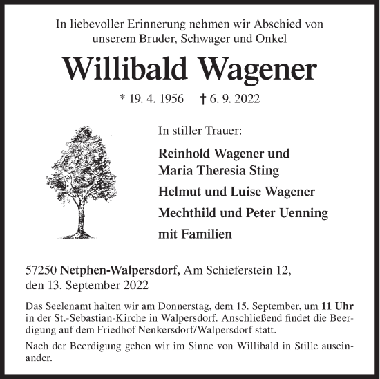 Traueranzeige von Willibald Wagener von Siegener Zeitung