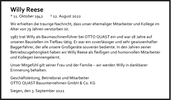 Traueranzeige von Willy Reese von Siegener Zeitung