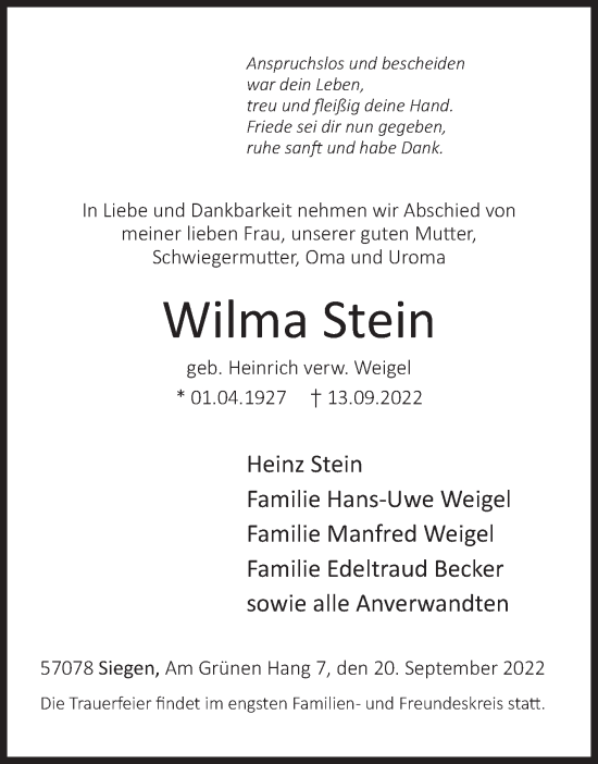 Traueranzeige von Wilma Stein von Siegener Zeitung