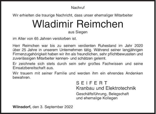 Traueranzeige von Wladimir Reimchen von Siegener Zeitung