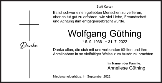 Traueranzeige von Wolfgang Güthing von Siegener Zeitung