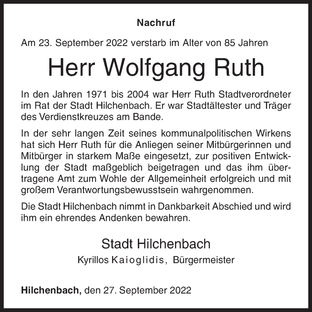  Traueranzeige für Wolfgang Ruth vom 27.09.2022 aus Siegener Zeitung