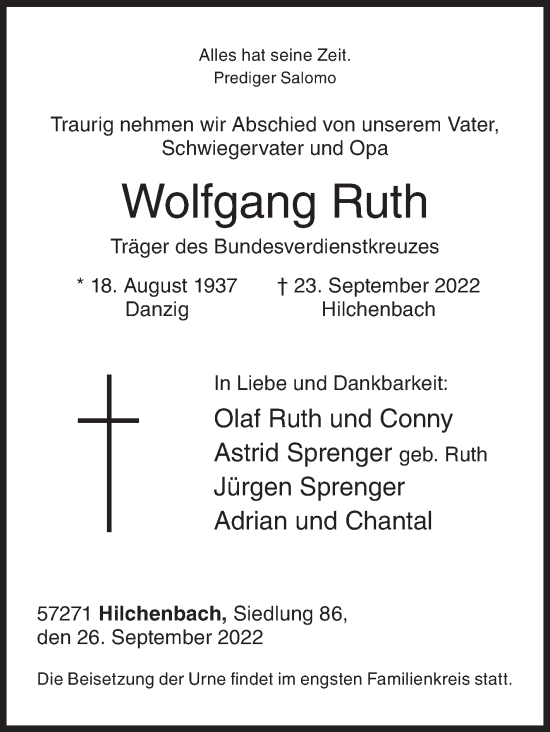 Traueranzeige von Wolfgang Ruth von Siegener Zeitung