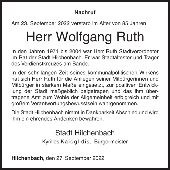 Traueranzeige von Wolfgang Ruth von Siegener Zeitung