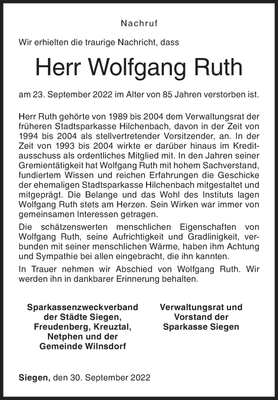 Traueranzeige von Wolfgang Ruth von Siegener Zeitung
