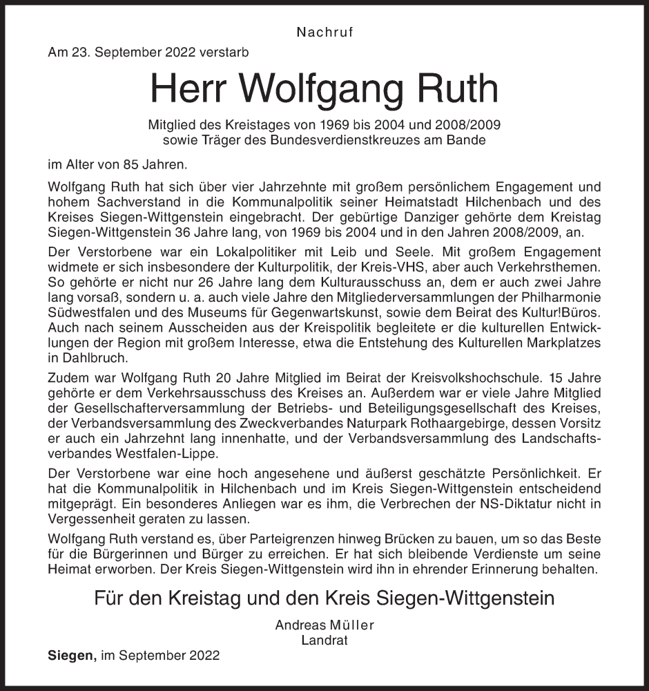  Traueranzeige für Wolfgang Ruth vom 28.09.2022 aus Siegener Zeitung