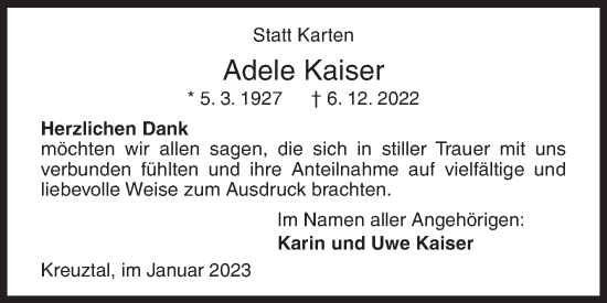Traueranzeige von Adele Kaiser von Siegener Zeitung