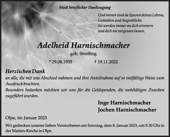 Traueranzeige von Adelheid Harnischmacher von Siegener Zeitung