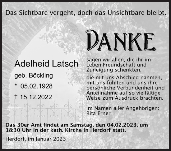 Traueranzeige von Adelheid Latsch von Siegener Zeitung