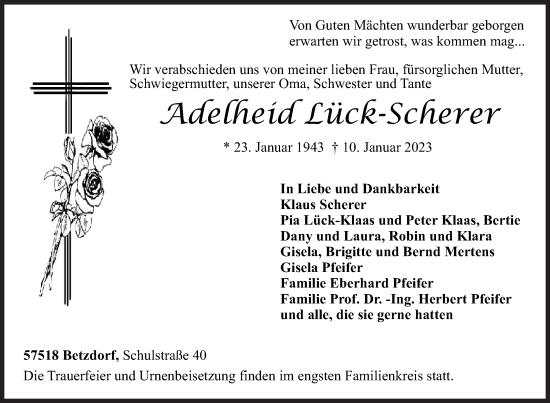 Traueranzeige von Adelheid Lück-Scherer von Siegener Zeitung